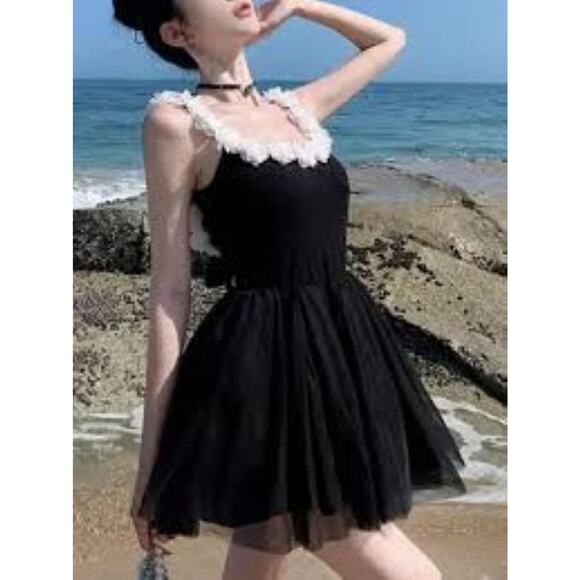 SHEIN Dresses & Skirts - Shein Black Mini Dress Sz M Balletcore Mesh Skirt White Roses Attached Shorts